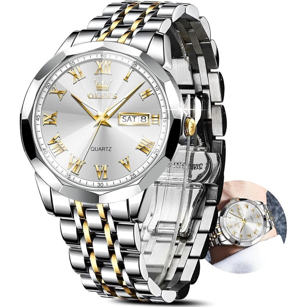 Olevs Men's Silver Gold- White Steel Stain Waterproof Stain Luminous Wrist Watch